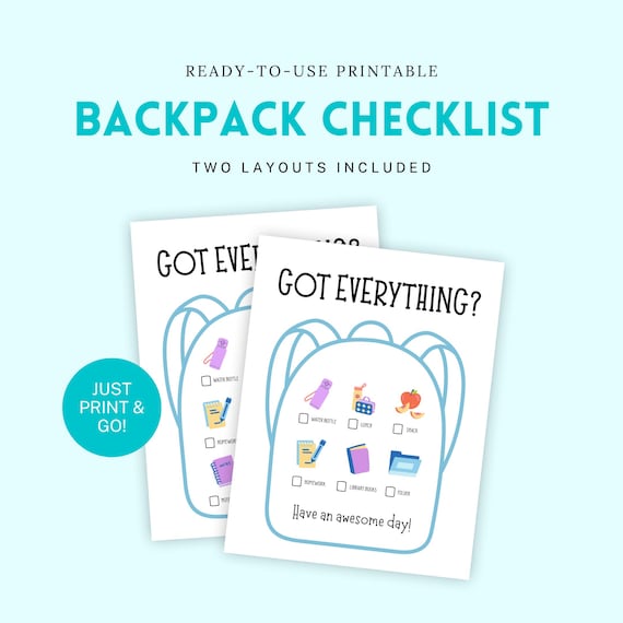Kids Backpack Checklist Ready-to-Print Back to School Kindergarten Backpack Visual Checklist School Morning Routine Printable