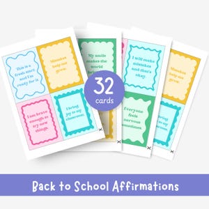 May include: A set of 32 printable cards featuring colorful scalloped borders in yellow, blue, pink, and green. Each card contains positive affirmations with text such as This is a fresh start, Mistakes help me grow, and I bring joy to my classroom.