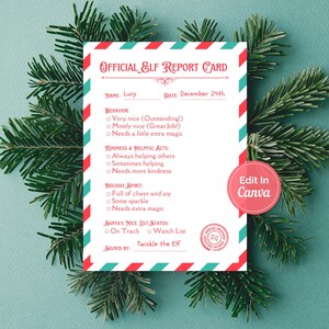 May include: A rectangular Official Elf Report Card with red and teal diagonal stripes along the border. The text includes sections for Name, Date, Behavior, Kindness & Helpful Acts, Holiday Spirit, and Santa's Nice List Status, signed by Twinkle the Elf.