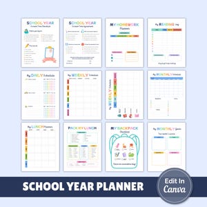 May include: A collection of twelve printable school year planner pages featuring colorful headers and grids. Includes checklists for screen time, homework, reading logs, daily, weekly, and monthly schedules, lunch planners, and a backpack checklist.
