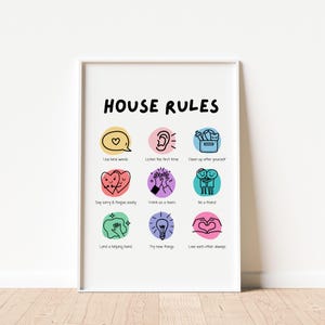 May include: A framed print displaying "HOUSE RULES" in bold letters. The print features colourful illustrations with text such as "Use kind words," "Listen the first time," and "Clean up after yourself." The frame is white.