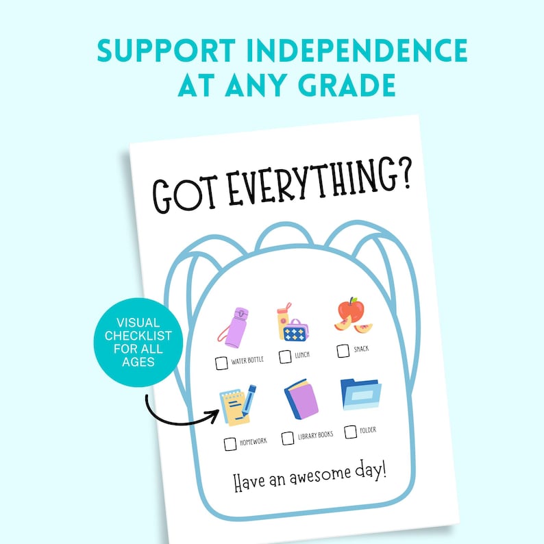 Puede incluir: Una lista de verificaci&oacute;n blanca con un contorno de mochila azul, con el texto "GOT EVERYTHING?" y una lista de elementos como botella de agua, almuerzo y tarea. El texto "SUPPORT INDEPENDENCE AT ANY GRADE" est&aacute; en la parte superior.