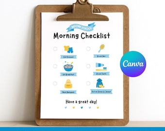 Editable Back to School Checklist | Kids Daily Routine Canva Template | School Visual Checklist for Kindergarten Preschool Digital Download