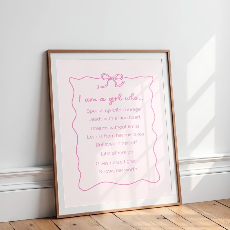 Girl Affirmations Print Pink Bow Coquette Digital Wall Art for Girls ...