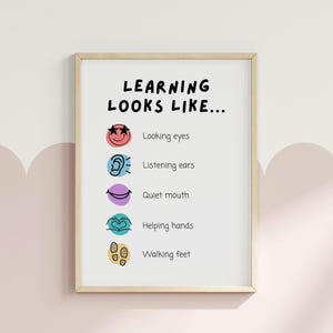 May include: A framed print with the text "LEARNING LOOKS LIKE..." and illustrations of eyes, ears, a mouth, hands, and feet. The text and illustrations are in black, pink, blue, and yellow. The frame is light brown.
