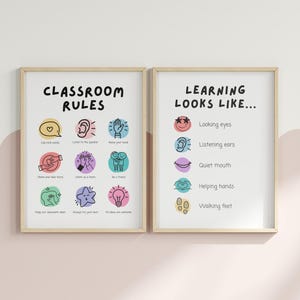 Puede incluir: Dos carteles educativos enmarcados. El cartel de la izquierda dice "Reglas del aula" con iconos ilustrados y texto. El cartel de la derecha dice "Así es como se ve el aprendizaje..." con ilustraciones y texto correspondientes. Ambos carteles tienen un marco de madera clara.