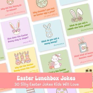 May include: A selection of pastel-coloured square cards with Easter illustrations and jokes. The cards feature cartoon bunnies, eggs, and flowers, with text like "Easter Lunchbox Jokes" and "30 Silly Easter Jokes Kids Will Love."