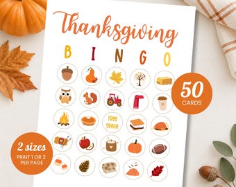 May include: A Thanksgiving Bingo game card featuring the title in orange script and the letters BINGO in multicolored text. The grid contains twenty-five circular icons depicting autumn themes like pumpkins, leaves, owls, and food items.
