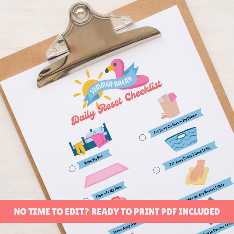 Editable Summer Chore Checklist | Kids Daily Responsibilities Chart ...