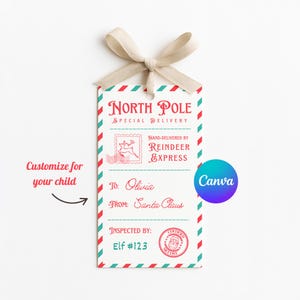 Plantilla editable de etiqueta de regalo de Papá Noel en Canva / Etiqueta navideña personalizable para regalo de Papá Noel / Etiqueta de regalo imprimible de entrega especial del Polo Norte