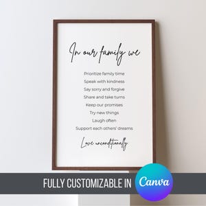 Personalized Family Values Editable Wall Art | In Our Family We Minimalist Family Values Sign | Custom Family Mission Statement