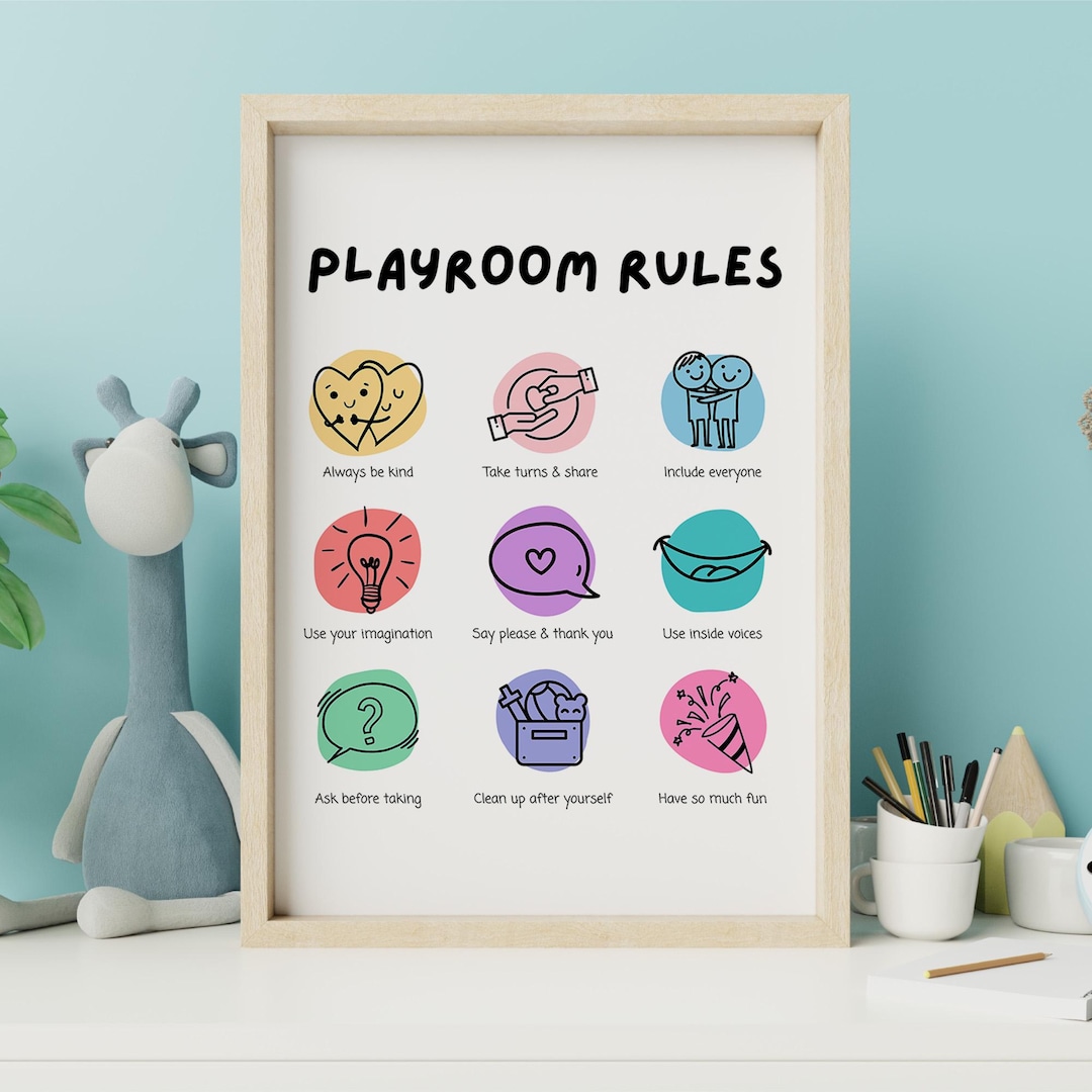 Rainbow Playroom Rules Sign for Kids Doodle Wall Art for Preschool ...