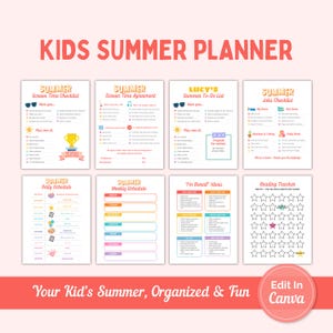 Op de afbeelding: Een verzameling kleurrijke zomerplannerpagina's voor kinderen, inclusief checklists, schema's en een leestracker. De titel "KIDS SUMMER PLANNER" staat bovenaan. De onderste banner luidt "Your Kid's Summer, Organized & Fun".