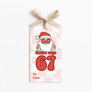 May include: A gift tag with a retro Santa Claus illustration wearing sunglasses and a peace sign. The tag has a pink and white checkered background with the text "Santa says 67". Includes space to write "To:" and "From:" with a beige ribbon.