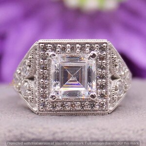 Vintage Inspired 2.85 Ct Moissanite Asscher Cut Halo Diamond Engagement Ring For Women, Milgrain Prong Set Ring, Antique Anniversary Gifts