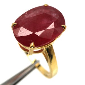 Oval Ruby Solitaire Ring, 18K Gold Plated Sterling Silver, 10x12mm Gemstone, Handmade Thailand