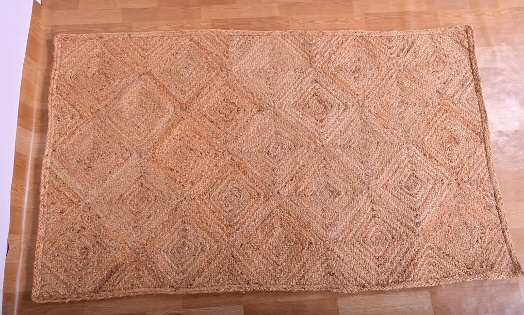 Large Antique Rug Diamond Pattern Handwoven Natural Jute Area Rug, Diamond Pattern Jute Rug, Eco Friendly ...