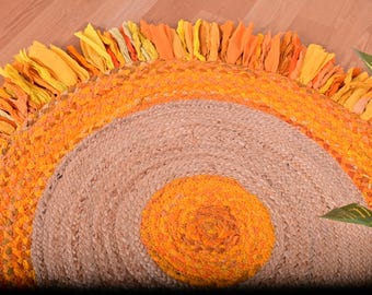 Handgevlochten rond chindi-tapijt met franje – geel boho-katoenen laptapijt, rond tapijt, milieuvriendelijk vloerdecor, handgemaakt boho-vloerkleed