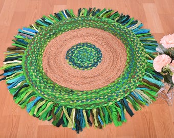 Handgevlochten rond chindi-tapijt met franje – groen veelkleurig boho-katoenen lap vloerkleed, milieuvriendelijke ronde vloermat, boho decor vloerkleed
