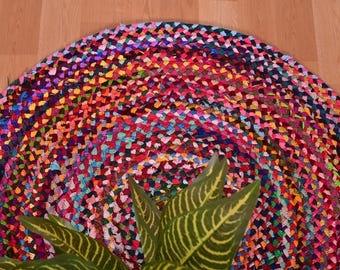 Alfombra redonda trenzada Chindi, alfombra colorida de yute y algodón, alfombra estilo boho, alfombra ecológica hecha a mano, alfombra reversible para el suelo, decoración india para el hogar