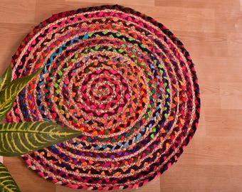 Rond gevlochten chindi-kleed, kleurrijk jute katoenen tapijt, boho-tapijt, handgemaakt milieuvriendelijk tapijt, omkeerbaar vloerkleed, Indiaas huisdecor