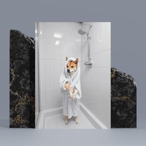 Shiba Inu in a Bathrobe Wall Art, Bathroom Art Print Poster, Funny Wall Decor, Dog Lover Gift, Printable Art, Digital Download