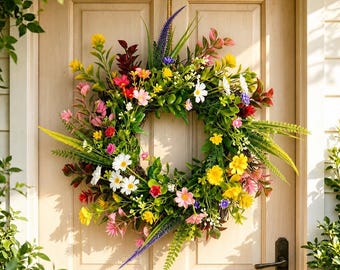 Boho Floral Wreath for Front Door, Colorful Wildflower Wreath, Pastel Farmhouse Decor, Artificial Summer Spring Wreath