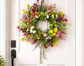 Spring Summer Wildflower Wreath for Front Door, Colorful Boho Floral Wreath, Artificial Farmhouse Decor, Housewarming Gift, Wedding Backdrop