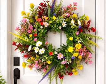 Spring Summer Wildflower Wreath for Front Door, Colorful Boho Floral Wreath, Artificial Farmhouse Decor, Housewarming Gift, Wedding Backdrop