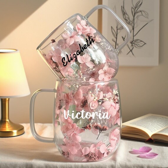 Handcrafted Glass Mugs with Real Dried Flower,Personalized Floral Glass Mug Botanical Drinkware Set With Custom Name Text Coffee Mug Tea Mug