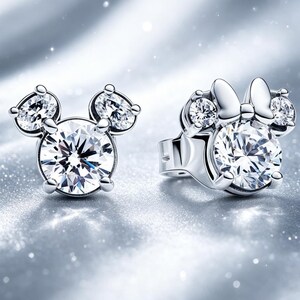 May include: A pair of silver-toned stud earrings featuring a central round clear stone flanked by two smaller round stones, with one earring displaying a small bow detail above the central stone, creating a silhouette resembling a mouse head.