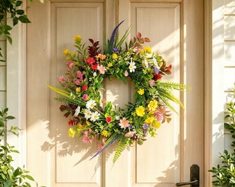 Boho Floral Wreath for Front Door, Colorful Wildflower Wreath, Pastel Farmhouse Decor, Artificial Summer Spring Wreath