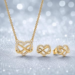 Puede incluir: Un conjunto de joyería en tono dorado que consta de un collar y dos pendientes de botón. Cada pieza presenta un símbolo de infinito entrelazado con una forma de corazón, adornado con pequeñas piedras claras en los bordes superiores.