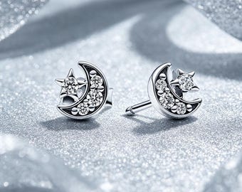 pandora sparkling moon & star stud earrings silver ale s925，gift for her，Christmas Gift