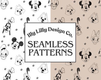 Fab Five Neutral Seamless Repeat, Character Sketch, Mouse, Magic Seamless Pattern, Magical Kingdom, Aesthetic Textile, Matching Shirts
