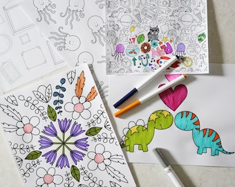Hand Drawn Doodle Coloring Pages for Procreate or for Printed Use - Robots, Dinosaurs, Jellyfish, Oh My!