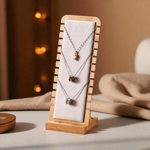 Wooden Necklace Display Stand: Velvet Jewelry Organizer for Retail & Craft Fairs
