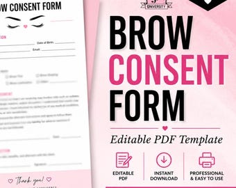 Plantilla editable de formulario de consentimiento para cejas / Exención de responsabilidad para cejas en formato PDF (descarga digital)
