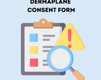 Puede incluir: Ilustración de un portapapeles con el texto "DERMAPLANE CONSENT FORM". El portapapeles tiene tres cuadrados de colores y líneas. Un triángulo amarillo con un signo de exclamación y una lupa también están en la imagen.