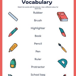 School Supplies Matching Worksheet: ESL Vocabulary Printable (PDF) - Etsy