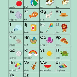 May include: Educational alphabet chart featuring illustrations for each letter. Includes an apple, ball, cat, dog, elephant, fish, goat, hat, igloo, juice, kite, lion, mouse, nest, octopus, pizza, quarter, rainbow, sun, turtle, umbrella, violin, watermelon, xylophone, yellow crayon, and zebra.