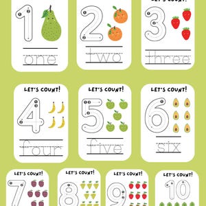 Könnte beinhalten: Bunte Lernkarten für Zahlen 1-10, jede Karte zeigt eine Zahl, ihre geschriebene Form und passende Fruchtillustrationen. Enthält eine Birne, Orangen, Erdbeeren, Bananen, Äpfel, Avocados, Trauben und Erdbeeren.