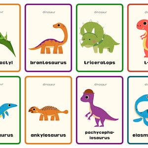 Dinosaurier Karteikarten für Kinder, druckbare Lernkarten, lustige Dino-Lernaktivität, Vorschul- und Kleinkind-Klassenzimmerdekor