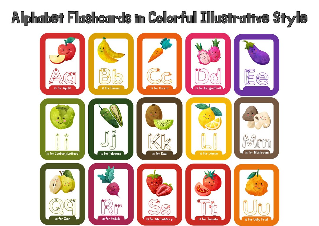 Fruits & Veggies Alphabet Flashcards: Colorful Learning Cards for