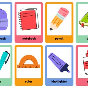 May include: Illustrated flashcards showing school supplies. The cards depict a purple backpack, red notebook, yellow pencil, green book, blue pen, orange ruler, purple highlighter, and white glue bottle.