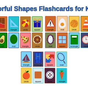 Puede incluir: Tarjetas didácticas de formas coloridas para niños. La imagen muestra tarjetas con varias formas, como rectángulos, triángulos, círculos y cuadrados. Cada tarjeta presenta una ilustración colorida de la forma, como una barra de chocolate o una porción de pizza.