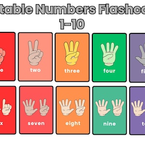 May include: Flashcards for learning numbers 1-10. Each card features a hand gesture representing a number, with the number written below. The cards are in various colors, including red, peach, orange, green, and purple.