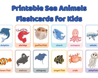 子供向けの印刷可能な海の動物フラッシュカード、海の生き物学習カード、海の下の教育アクティビティ