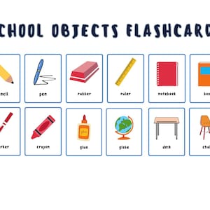 School Objects Flashcards, Classroom Supplies Vocabulary Cards, Teacher Educational Printables, ESL Preschool Learning Materials