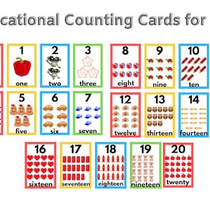 May include: Educational counting cards for kids, featuring numbers 0-20. Each card displays a number and a corresponding illustration, such as a red apple for "one" and red hearts for "sixteen". The cards have colorful borders.